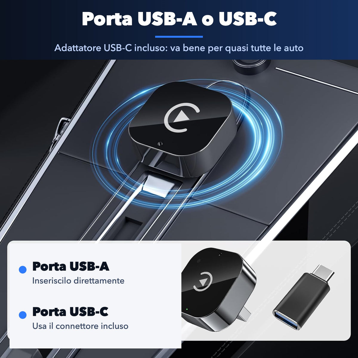Porta USB-A e connettore USB-C incluso