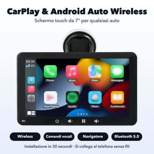 Schermo CarPlay e Android Auto wireless da 7 pollici con accessori