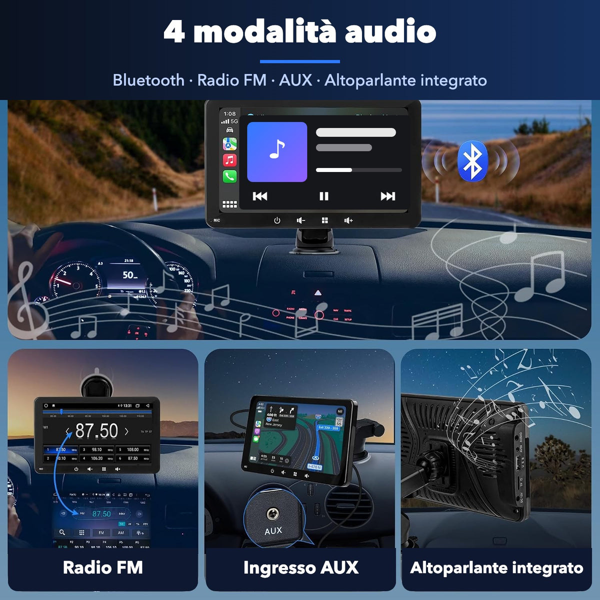 4 modalità audio: Bluetooth, radio FM, AUX e altoparlante integrato