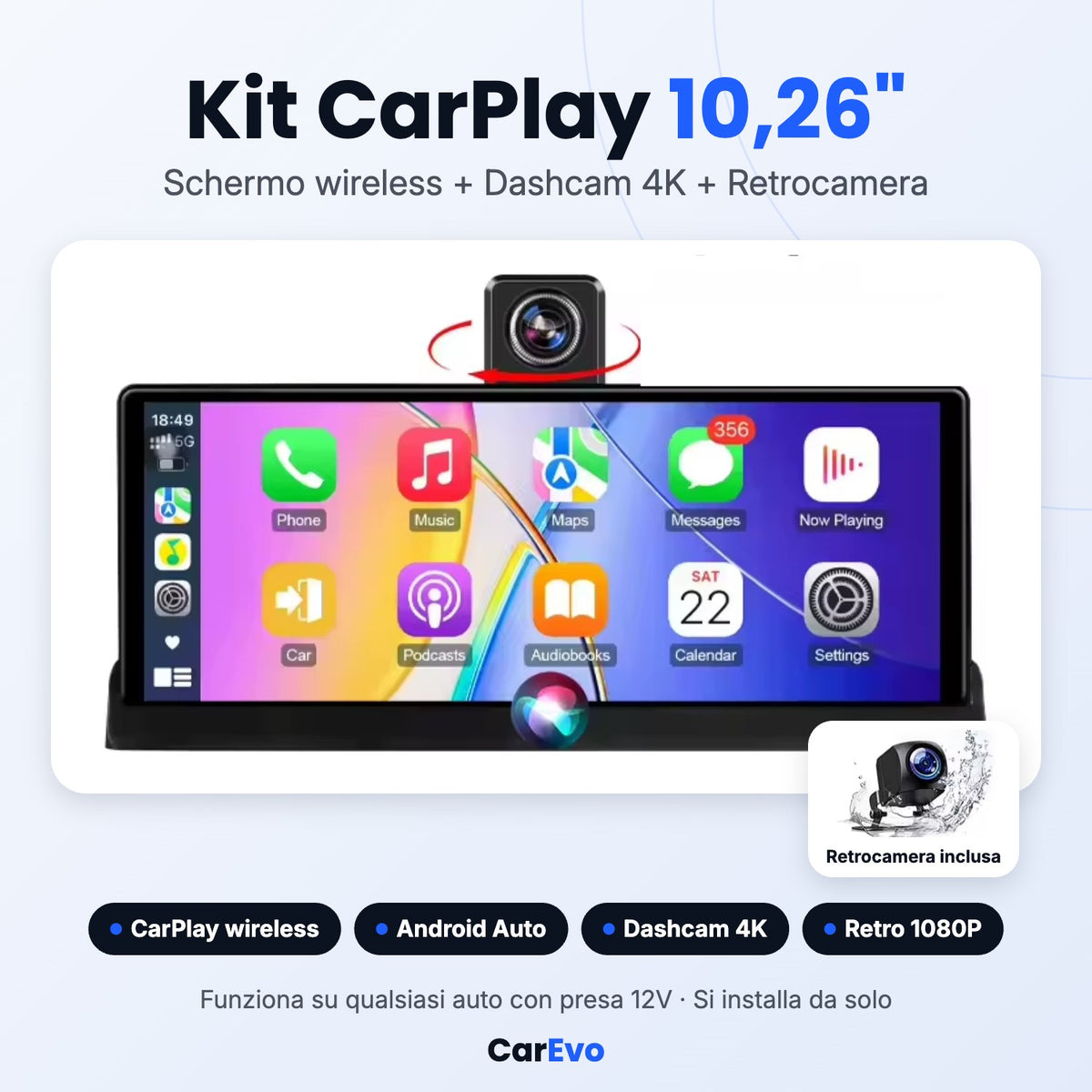 Kit CarPlay 10,26 pollici wireless con dashcam 4K e retrocamera