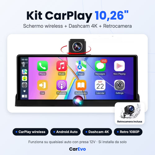Kit CarPlay 10,26 pollici wireless con dashcam 4K e retrocamera