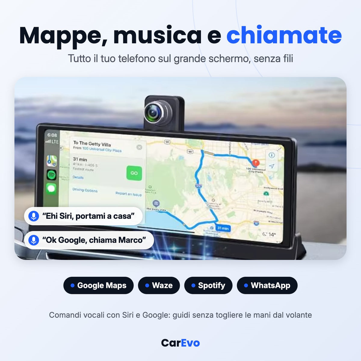 Navigatore, musica e chiamate sullo schermo con comandi vocali