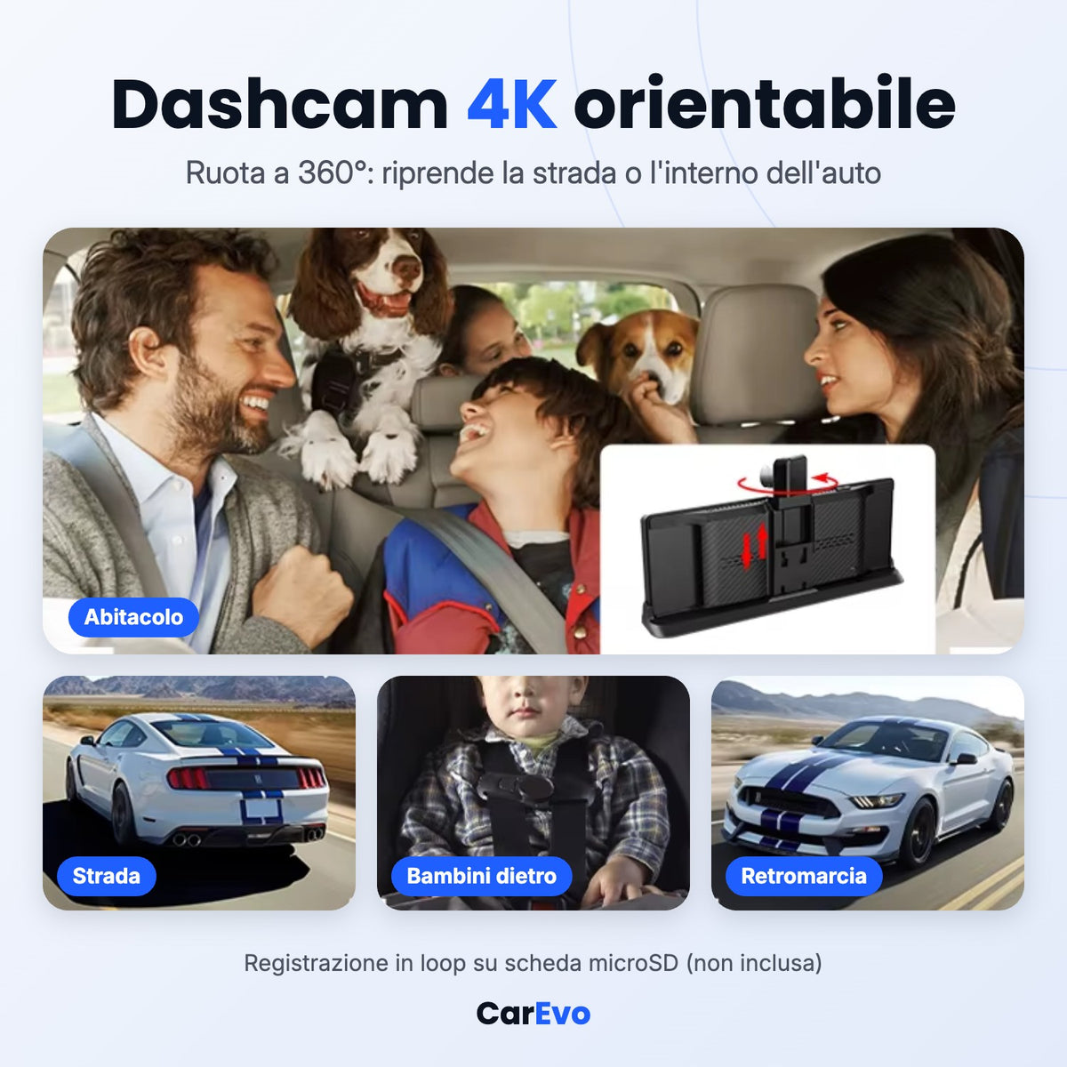 Dashcam 4K orientabile a 360 gradi